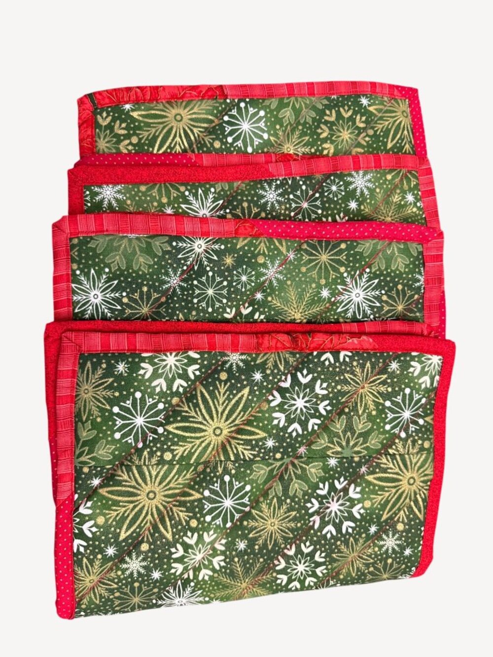 Quilted Christmas Table Mats Set Of 4 Snowflake & Poinsettia 19” x12" Red Green - Picture 2 of 5